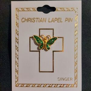Singer Vintage Christian Lapel Pin, Green Goldtone Butterfly